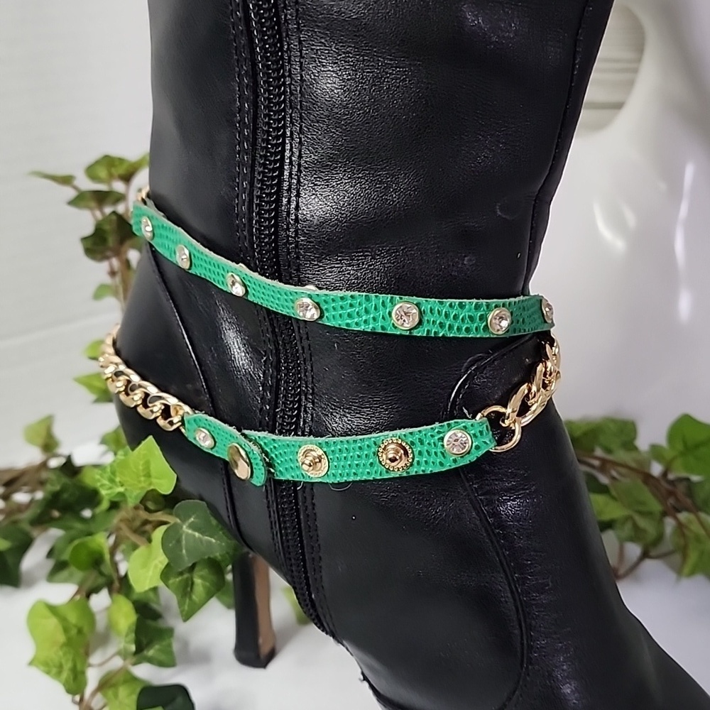 Gold Cuban Link Chain and Green Leather Boot Ankle Bracelet